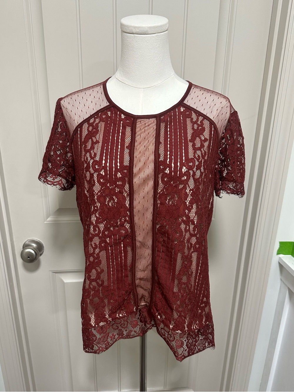 Express Burgundy Lace Short Sleeve Sheer Top